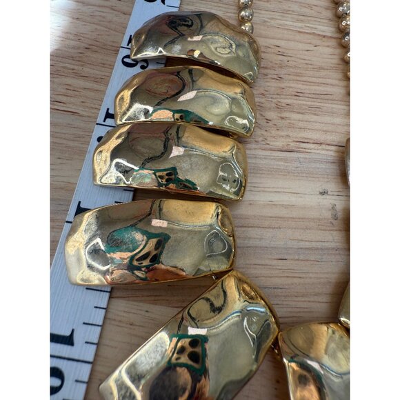 Vintage Monet Gold Tone Statement Necklace With Chunky Hammered Pendant Design - Picture 5 of 9